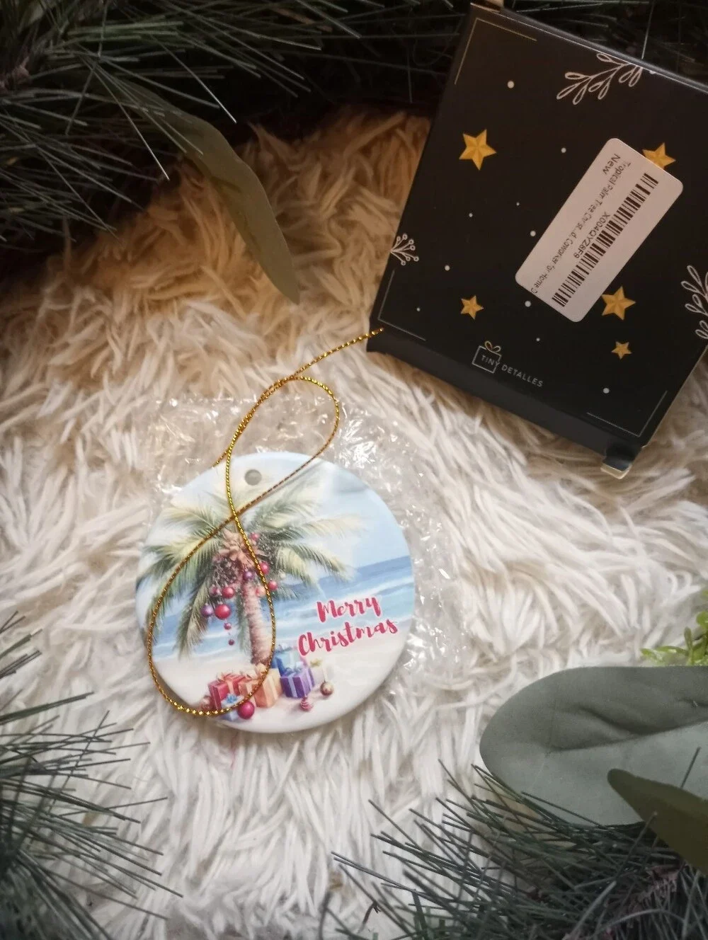 Merry Christmas Tropical Palm Ceramic Ornament - White